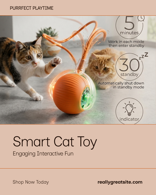 Grey interactive smart cat ball on warm cream studio background