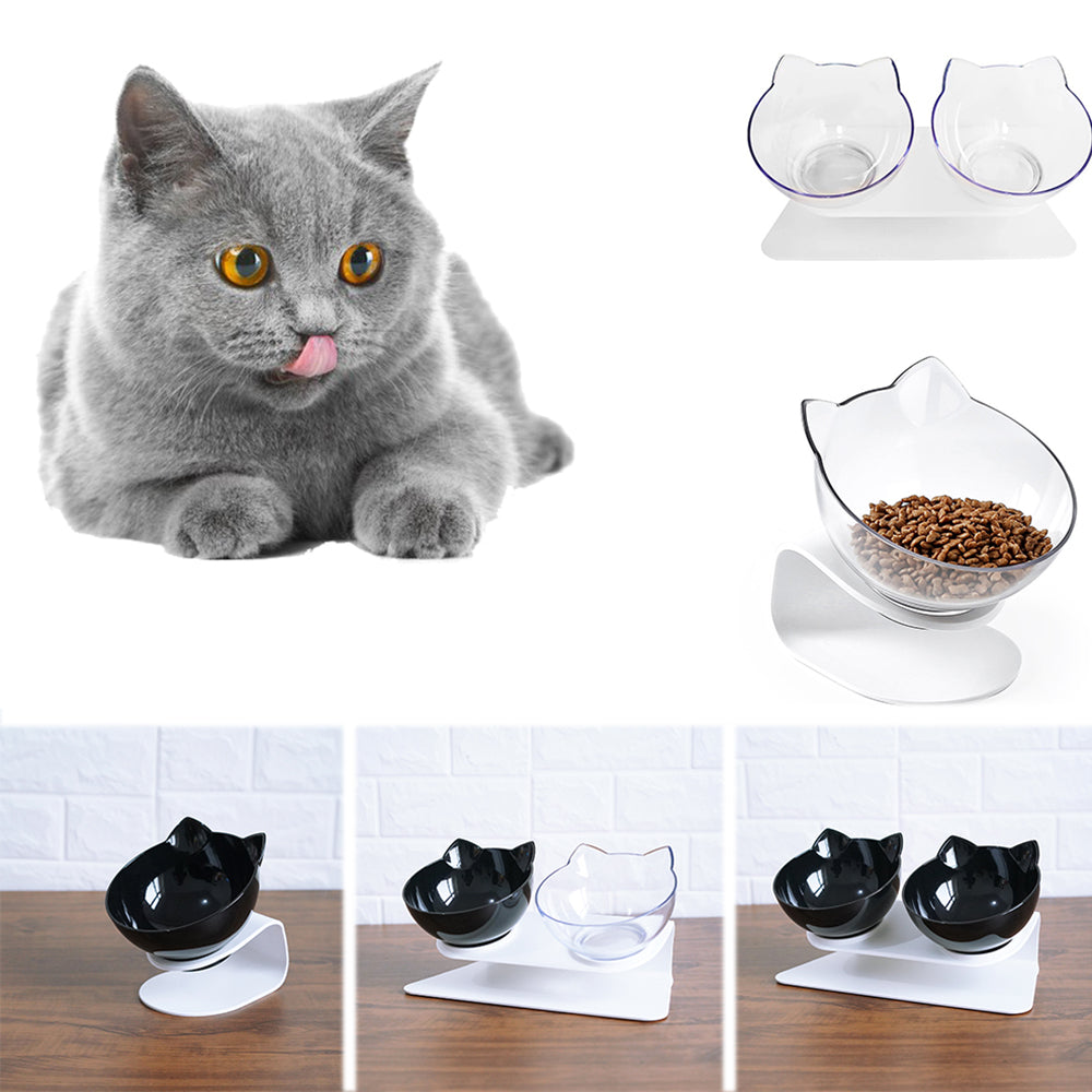 Raised ergonomic double cat bowl protecting neck posture