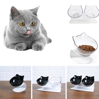 Raised ergonomic double cat bowl protecting neck posture
